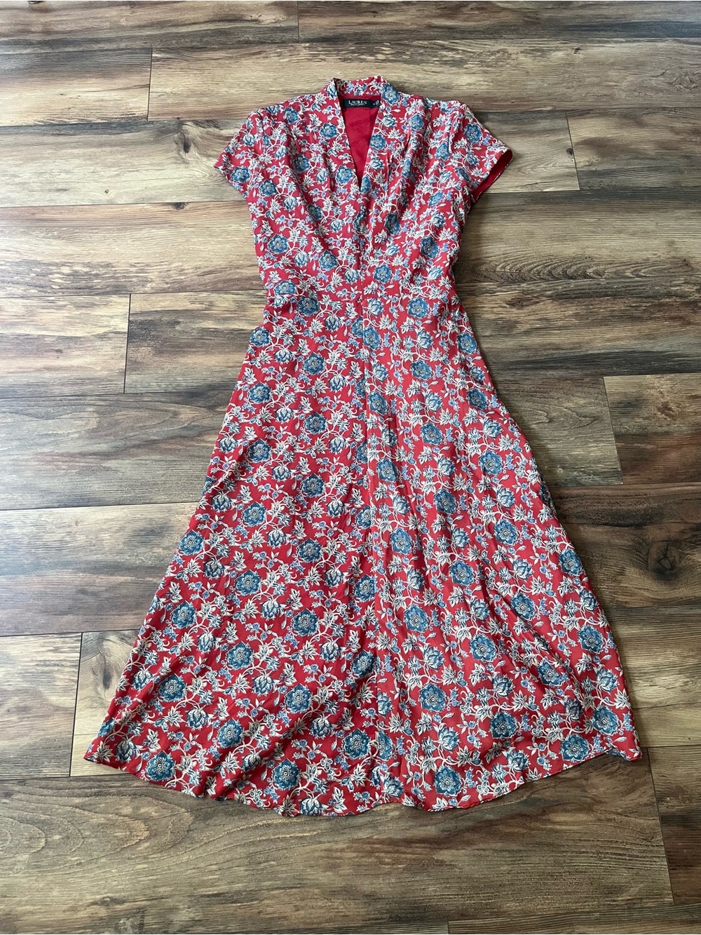 Lauren Ralph Lauren Red Floral Wrap-Style Midi Dress
